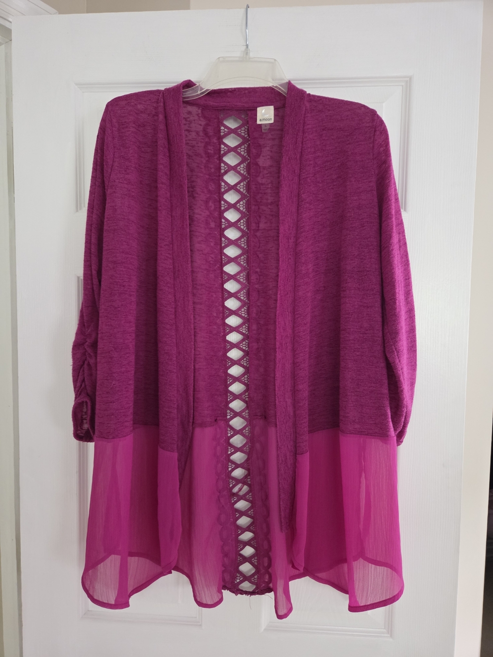 Open-Front Fuchsia Knit Cardigan with Sheer Hem A.moon Large